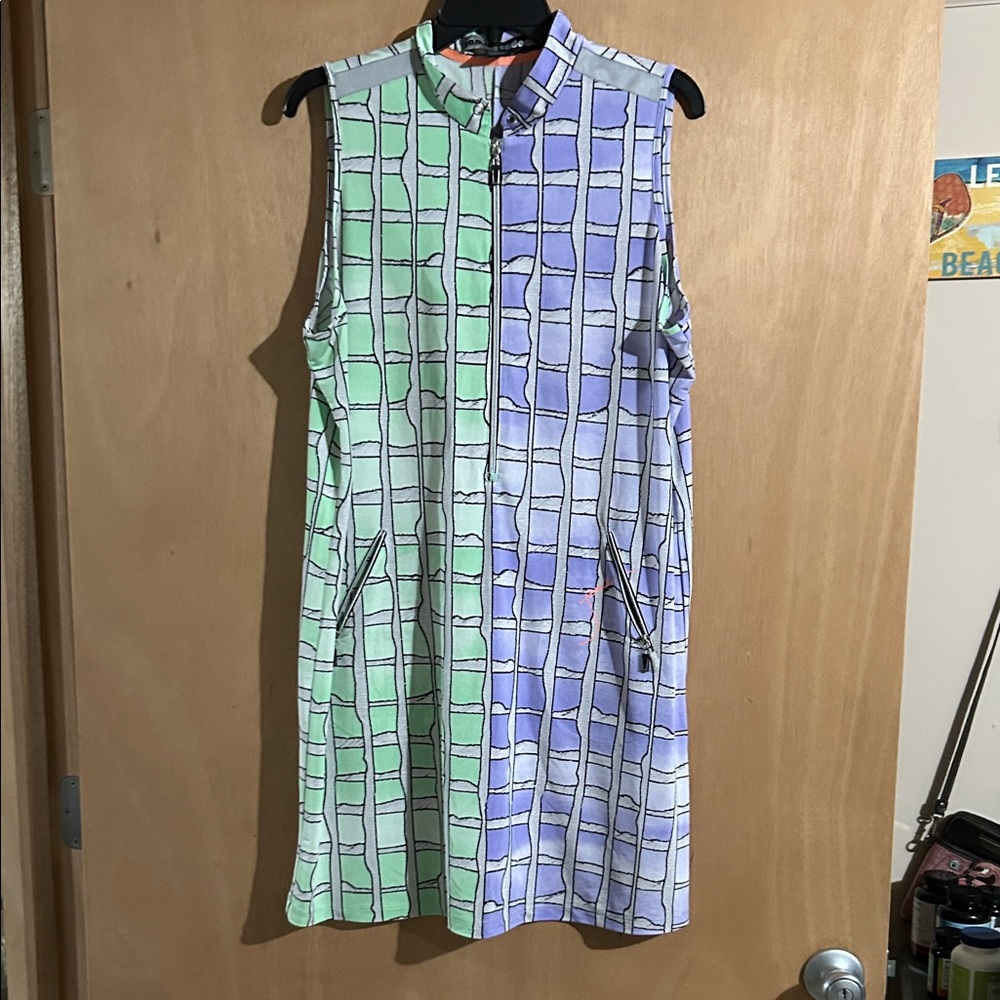 Jamie Sadock Sleeveless Green and Purple Grid Dress